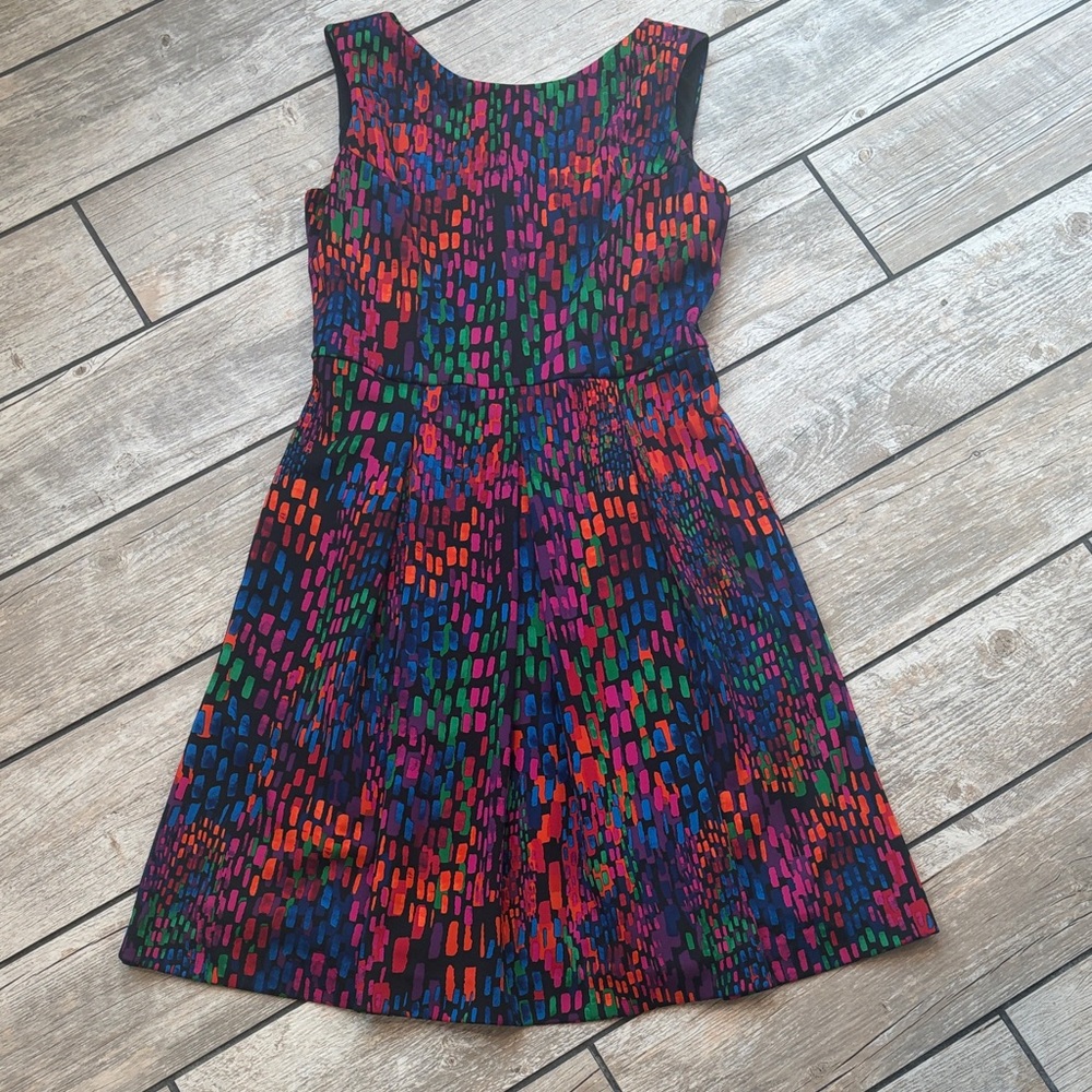 Ellen Tracy Black Multicolor Abstract Print Sleeveless Midi Dress
